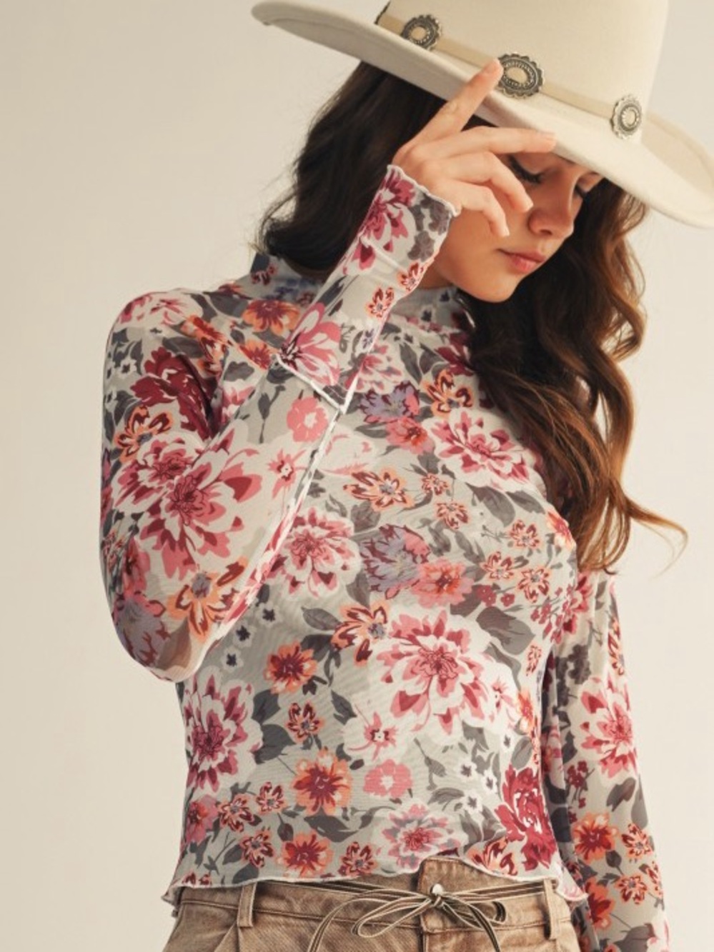 Multicolor red floral mesh layer scalloped embroidered stitch tunic top shirt